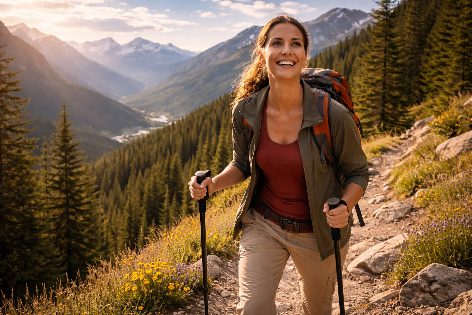 Woman hiking through mountains smiling and energetic representing vitality and wellness