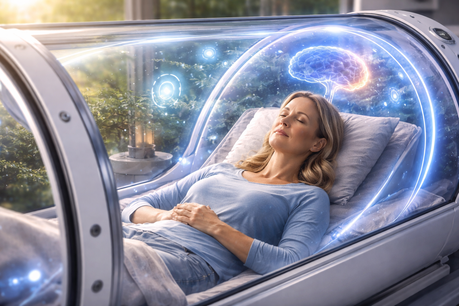 Woman relaxing inside a soft hyperbaric chamber supporting brain health and cognitive wellness