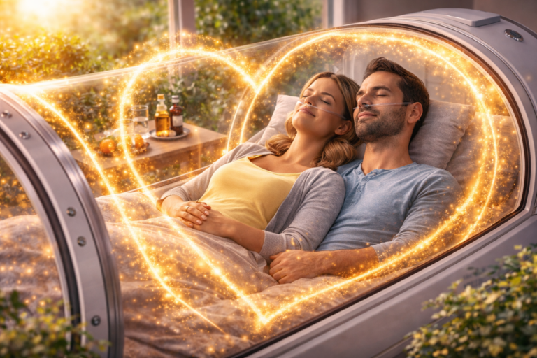 Couple relaxing in a soft hyperbaric chamber supporting fertility and reproductive wellness