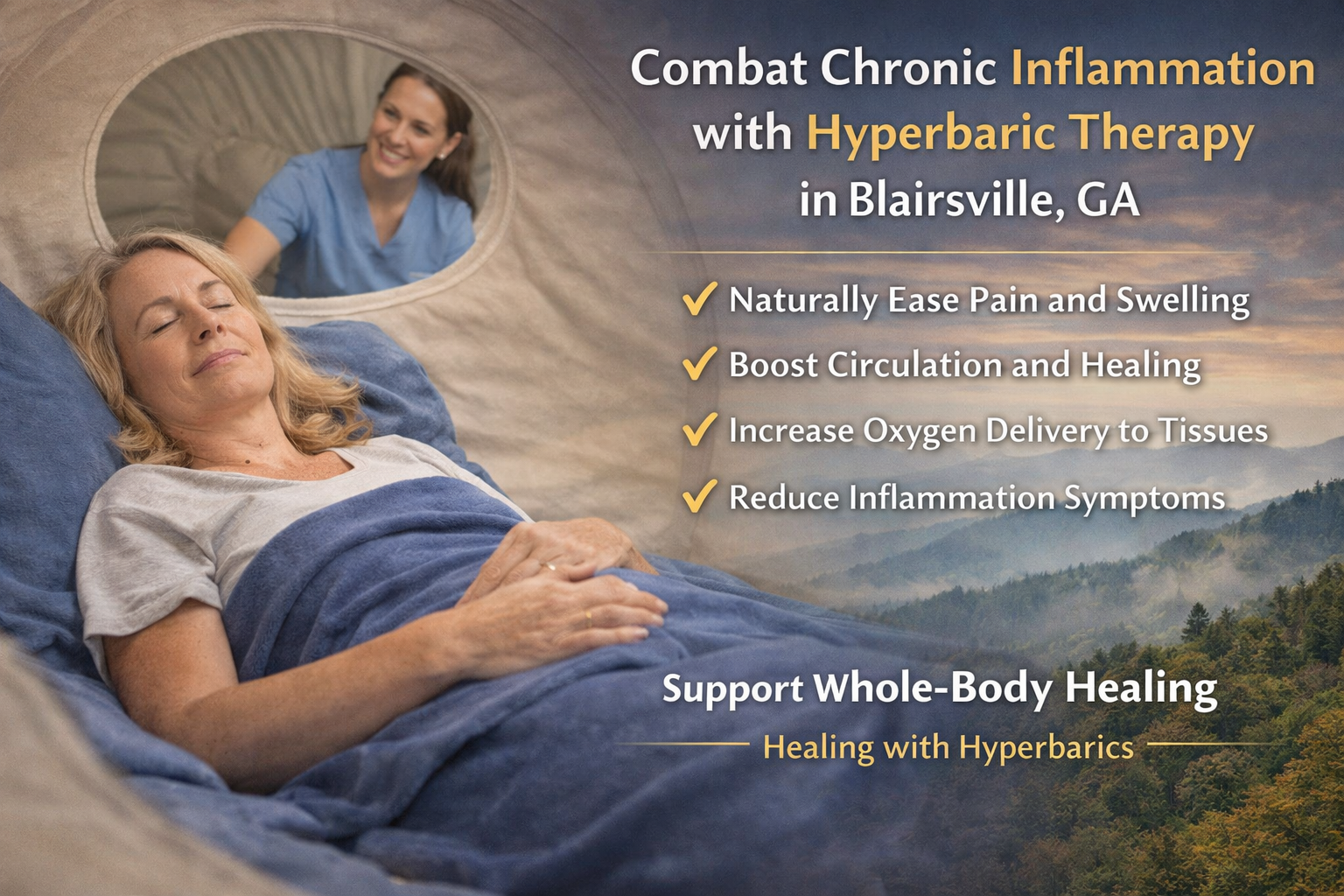 Hyperbaric oxygen therapy for inflammation in Blairsville GA showing soft chamber treatment supporting healing and reducing swelling