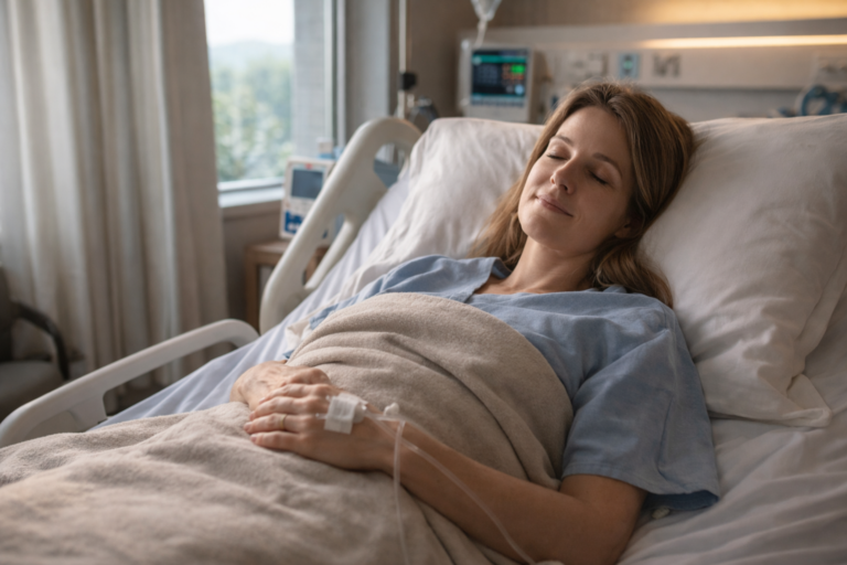 Patient resting in hospital bed after surgery representing recovery support in Blairsville GA