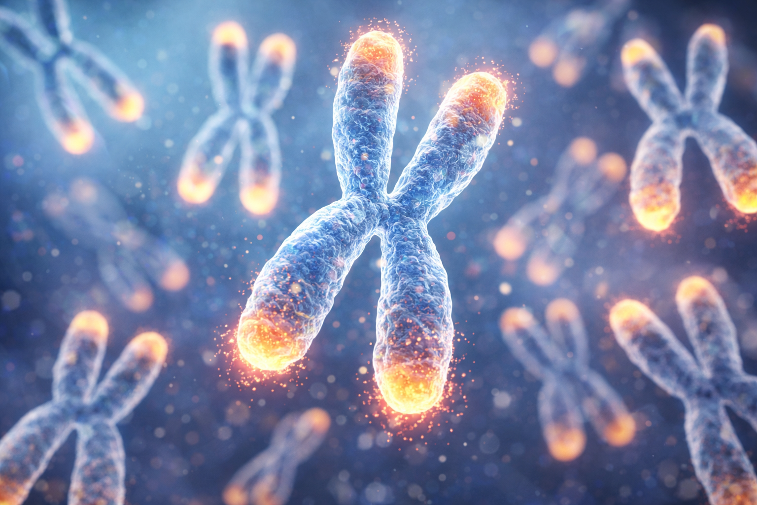 Illustration of chromosomes with glowing telomeres representing cellular health and aging support