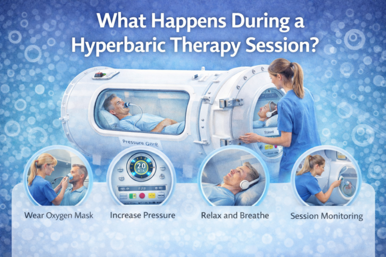 What happens during a hyperbaric oxygen therapy session in Blairsville GA including oxygen mask relaxation and pressurized environment